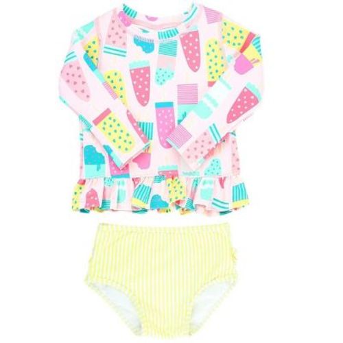 RuffleButts Baby Girls Long Sleeve Ruffle Hem UPF50+ Rash Guard Bikini