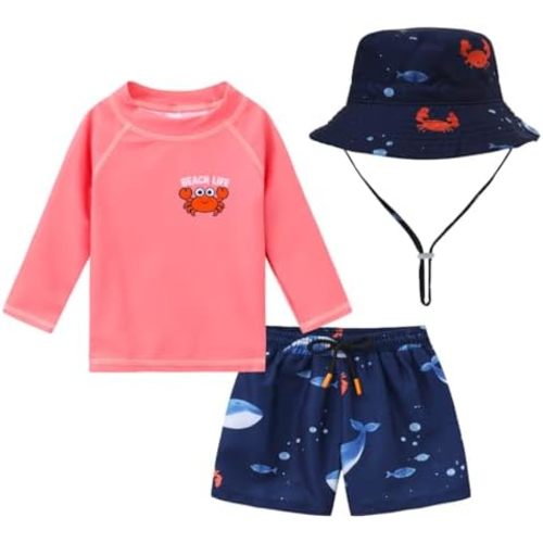 Baby Boys Swimsuit Trunk and Rashguard Set Sun Hat UPF 50+ Toddler Bucket Hat