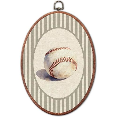 Vintage Baseball Nursery Oval Wall Art Framed, Grey Striped Watercolor Canvas Prints, Unique Decoration Hanging Wall Decor for Kids Toddler Room Bedroom Playroom, 8.6x11.4 Inch