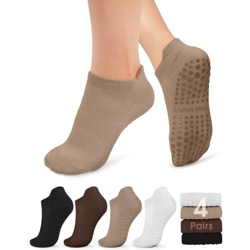 yeuG Pilates Socks for Women Non Slip Grip Socks for Yoga, Barre, Hospital, Barefoot Grippy Yoga Sock Womens Gifts 4 Pairs