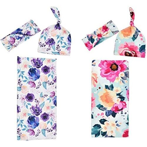 Newborn Baby Swaddle Blankets Beanie Hat Headband Sets, Swaddle Sack, Receiving Blankets Infant Baby Gifts (2 Pack of Swaddle Blanket&headband&beanie hat set (Purple Flower & Big Flower), 0-3 Months)