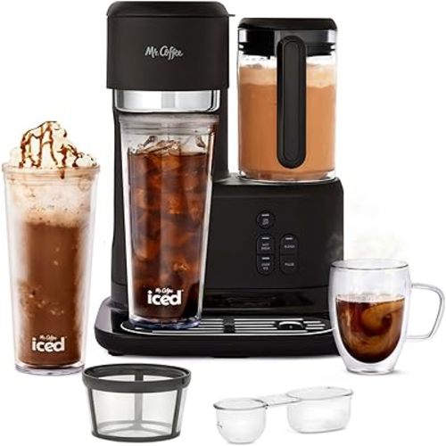 Mr. Coffee 3-in-1 Single-Serve Iced and Hot Coffee/Tea Maker with Blender with Reusable Filter, Scoop, Recipe Book, 2 Tumblers, Lids and Straws, Black