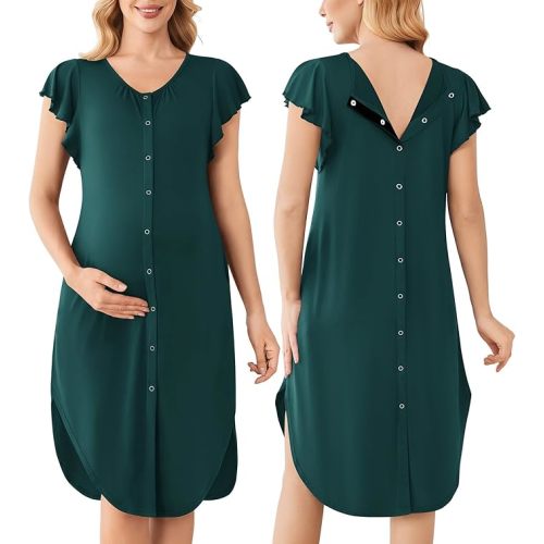 Ekouaer Labor and Delivery Gown for Hospital Nursing Nightgown with Button | Open Back Postpartum Nightdress，Birthing/Pregnancy Flying Short Sleeve Dress, Mom Essentials with Button，C-section Clothes