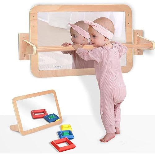 Montessori Baby 2-in-1 Shatterproof Safety Mirror with Pull-Up Bar - Infant Wall Mount & Floor Play for Tummy Time (6-18 Months)