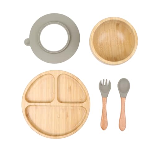 Bamboo Toddler Plate & Bowl Set with Strong Suction – Includes Plate, Bowl, Spoon & Fork – Baby Plates with Suction for Baby Led Weaning, Kids Feeding Essentials, Non-Toxic & BPA Free