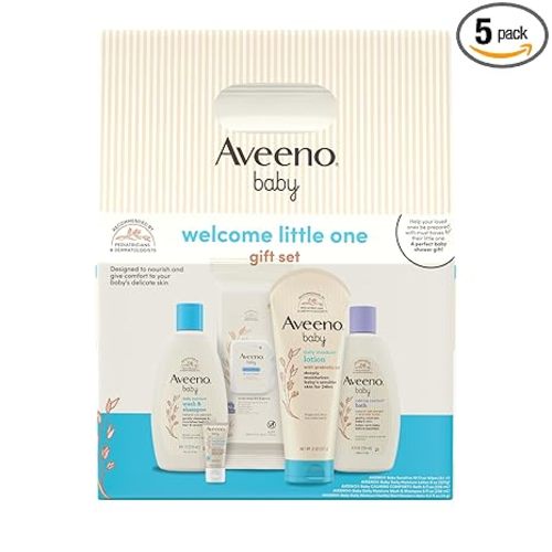 Aveeno Baby Welcome Little One Gift Set, Skincare Set with Nourishing Body Wash & Shampoo, Calming Bath Wash, All Over Wipes, Daily Moisturizing Lotion, & Balm, 5 Items