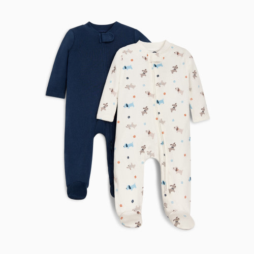 Small Story Organic Cotton 2-Way Zip Footie (2 Pack) - Playful Puppy & Solid Navy, 3-6 M