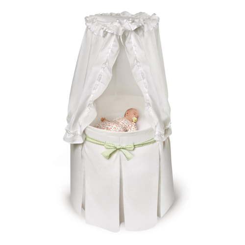 Badger Basket Empress Round Baby Bassinet with Canopy - White Bedding with Gingham Belts