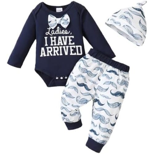 Baby Boy Clothes Infant Newborn Fall Winter Outfits Long Sleeve Letter Print Romper + Hat + Pants Set