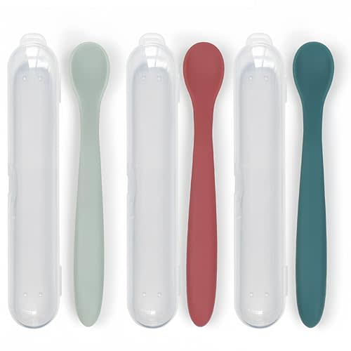 3-Piece Silicone Baby Feeding Spoons with Hygienic Travel Case, First Stage Infant Spoons, Soft-Tip Easy on Gums, Baby Training Spoon,Infant Utensils Feeding Supplies,Dishwasher & Boil-proof
