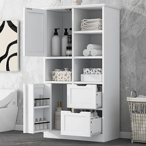 Tall Storage Cabinet, Bathroom Floor Freestanding Storage Cabinet with Doors, Open Shelve, Adjustable Shelf, and Drawers for Bathroom, Office, Living Room, White