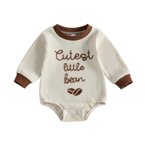 Newborn Baby Boy Girl Bubble Romper Gender Neutral Little Bean Onesie | Long Sleeve Coffee Bean Print Bodysuit Ovesized Sweatshirt Casual Shirts Top Infant Fall Winter Clothes Baby Shower Outfit
