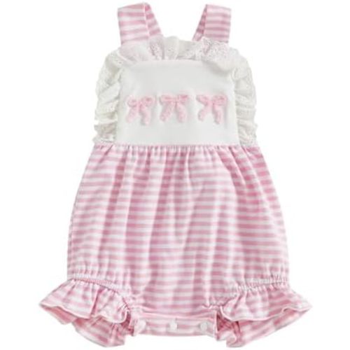 0-3M Baby Girl Summer Romper 6M Infant Blue Bodysuit Bows Letter Embroidery Striped Sleeveless Infant Jumpsuit