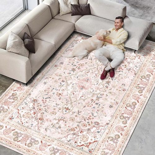 Vhong Dusty Pink Area Rugs Washable Boho Vintage Modern Neutral Large Carpet 5×7 High Traffic Rugs for Dinning Room Living Room Bedroom Girls' Room Nursery Room Non Slip