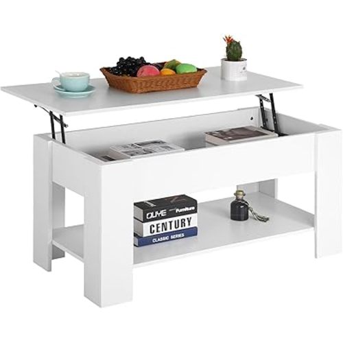 PayLessHere Coffee Table Lift Top Coffee Tables with Hidden Compartment and Storage Shelf Wooden Lift Tabletop Dining Table for Living Room Home (White, 39" D x 28" W x 24" H)