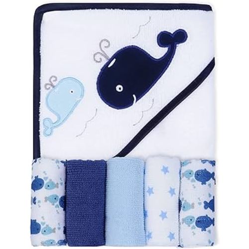 Viviland Baby Towels and Washcloths, Soft Absorbent Baby Boy Bath Towel Set, Whale Hooded Towels with 5 Infant Washcloths,(6 Pieces)