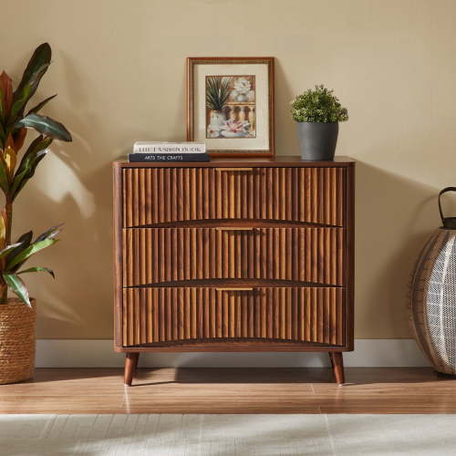 Walnut Mid-Century Modern 3 Drawer Dresser with Vertical Grooved Design and Metal Handles,Solid Wood Storage Cabinet for Bedroom or Living Room,Space-Saving Easy Assembly
