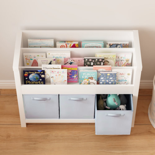 Ebern Designs Wooden Bookshelf with 3 Tier Front-Facing Storage and 3 Fabric Bins | Wayfair