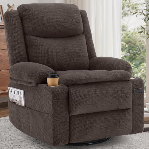 Korser Recliner Chair for Adults, 360°Swivel Rocker Recliner, Rocking Recliners with Massage & Heat, Nursery Rocking Chairs with Cup Holders, Manual Reclining Glider for Living Room, Nursery, Brown