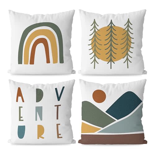 KEUSPI Classroom Moving Mountains Decor Kids Decorative Throw Pillow Covers18×18, Adventure Camping Decor Rainbow Sun Mountain Pillow Cover, Kids Pillows for Playroom Nursery Decor Set of 4