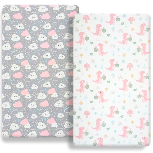FHMJYH Pack n Play Flat Sheet 2 Piece Mini Crib Sheet Elastic Playard Sheet Set Portable Sheet Set Elastic Convertible Playmat Compatible Graco Pack n Play (Owl and Tree Bag) (Dinosaur Egg)