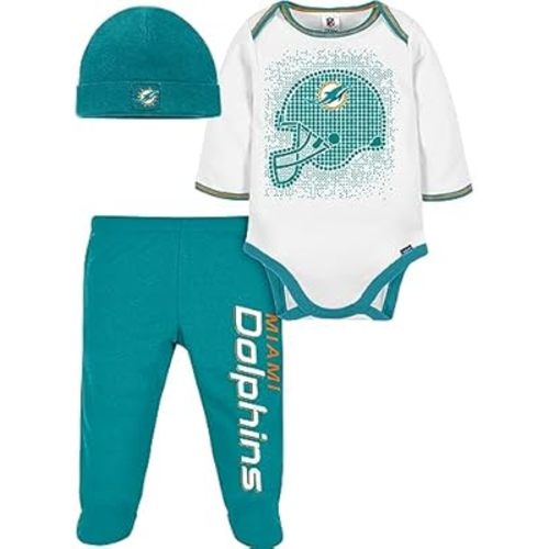 Gerber NFL Baby Boys' 3Pc Bodysuit, Footed Pant, & Cap Set, Miami Dolphins, 6-9 Months