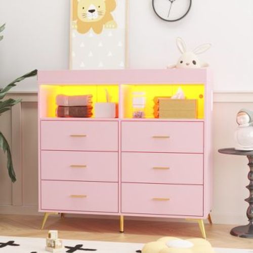 Baby Changing Table & Dresser with 6 Drawers, Lights & Charging Station, Removable Top, Anti-Tip, Multifunctional Nursery Furniture