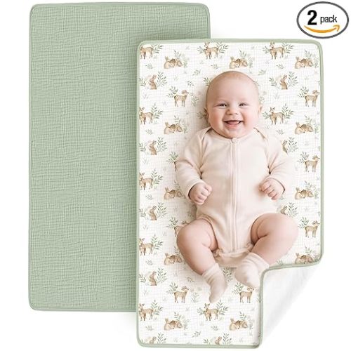 Konssy 2 Pack Waterproof Muslin Cotton Portable Changing Pad 30"x 17", Soft & Foldable Baby Changing Mat Travel Pad with Terry Backing, Shower Gift for Newborn Girls Boys (Woodland,Sage)