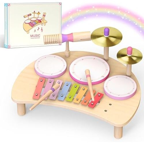 Toddlers Drum Set Toys for 1 2 3 Year Old Girls,Montessori Music Toy for Toddlers 1-3,Baby Drum with Xylophone,Musical Instruments Toy, Kids Birthday Gifts for Baby 18+ Months (Pink)