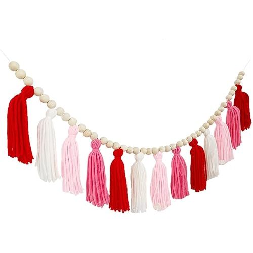 Boho Woolen Tassels Garland with Wood Beads Pink Red White Style Girls Nursery Decor for Home Room Bedroom