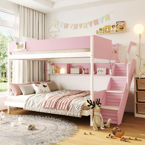 Merax Pink White Twin Over Full Wooden Bunk Bed with Staircase and Underbed Side Shelves for Kids or Teens, No Box Spring Needed