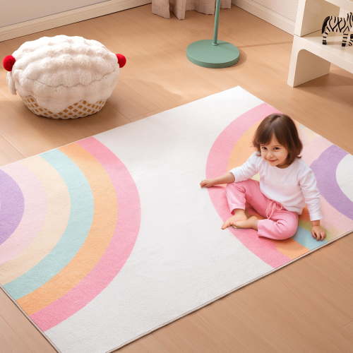 Sonive Kids Rugs for Playroom, Area Rug for Boys and Girls Bedroom, Washable Nursery Carpet, Colorful Rainbow Design, 4×6 Feet