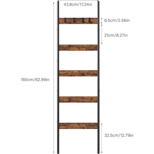 Blanket Ladder, 5-Tier Towel Holder with 4 Removable Hooks, Farmhouse Wall Leaning Decorative Rack Shelf, Wooden Towel Display Rack, Quilt Ladder for Living Room, Bedroom, Rustic Brown
