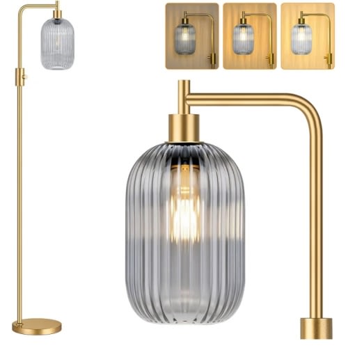 Dimmable Floor Lamp for Living Room with Gray Ribbed Glass Lampshade