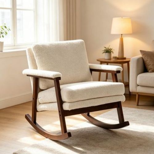 Mid-Century Modern Rocking Chair, White Upholstered Accent Chair with Solid Wood Frame, Padded Reading Armchair for Living Room-Panipeachy