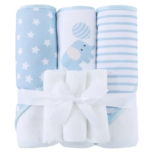 Viviland 6 Pcs Hooded Baby Towels and Washcloths Set, Super Gentle Bath Towels for Newborn Face & Body, Absorbent Wash Cloth for Infants Boys, Blue-Elephant Pattern, 28 x 28 inch