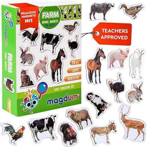 Fridge Magnets for Toddlers - Magdum - 16 Farm Animal Magnets for Refrigerator - Magnetic Animals for Children - Realistic magnets for Kids – Learning Set - Baby Educational Gift