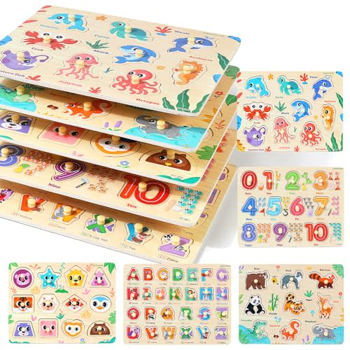 GRINNNIE Wooden Puzzles for Toddlers 3 4 5 Years Old, Montessori Toddler Toys 5PCS Peg Puzzles with Knob - Number, Alphabet, Shape, and Animal, Great Christmas Birthday Gifts for Boys Girls