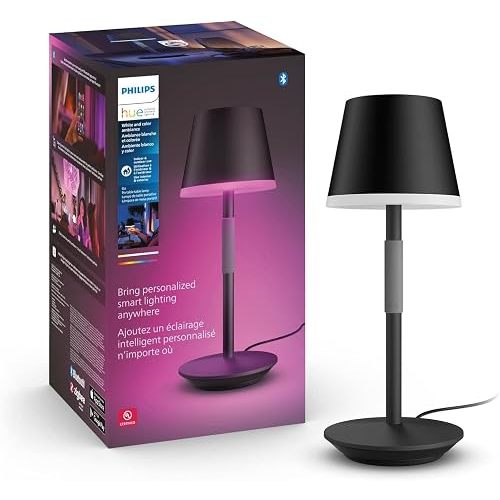 PHILIPS Hue Go Smart Portable Table Lamp, 1 Pack, Black, White and Color Ambiance LED Color-Changing Light, Smart LED Lamp For Indoor and Outdoor Use, Control with Hue App or Voice Assistant