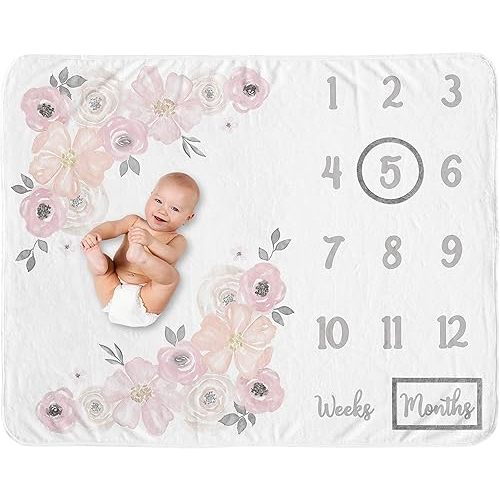 Sweet Jojo Designs Baby Monthly Milestone Blanket (Pink/Grey Boho Floral) for Girls, Infants/Newborn First Year Growth Mat, Baby Shower Memory, Keepsake Gift Picture (Watercolor, Farmhouse, Elegant)