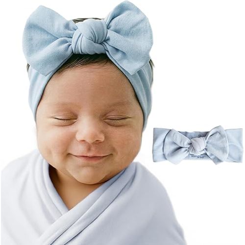 Caden Lane Baby Headwrap with Knotted Bow, Soft & Stretchy Bamboo Viscose, Comfortable Infant Hairband for Newborn & Toddler Girls, Ideal Gift for Baby Shower & Milestone Celebration, Mist Blue