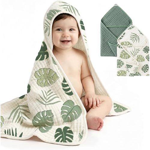 Tunnkit Muslin Hooded Towel, 2 Pack Baby Bath Towels, 32 x 32 Inch