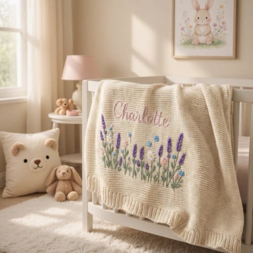 Customized Baby Blanket with Embroidered Name, Custom Lavender Floral Knit Blanket for Newborn, Soft Nursery Keepsake, Newborn Gift For Baby