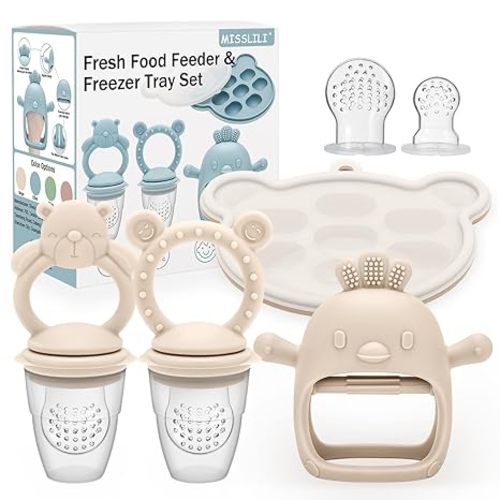 4 Pack Silicone Teething Mitten & Freezer Tray Set (Beige)
