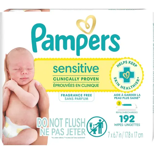 Pampers Baby Wipes Sensitive, Water Based Wipes, Hypoallergenic and Unscented Wipes, 192 Wipes Total (3 Refill Packs)