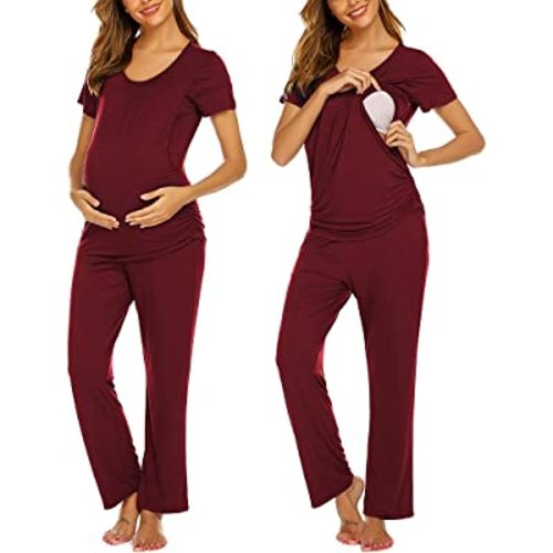 Ekouaer Women's Maternity Nursing Pajama Set Breastfeeding Sleepwear Set Double Layer Short Sleeve Top & Pants Pregnancy PJS