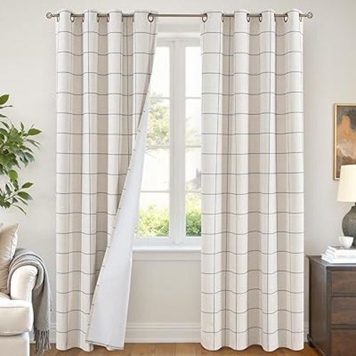 Lajode Navy Blue Linen Blackout Curtains for Living Room - Boho Plaid Pattern Thermal Insulated Grommet Cottage Core Window Treatments Rustic Drapes for Farmhouse, 52x84 Inch 2 Panels