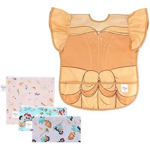 Bumkins Disney Ruffle Apron Bib and 3-pack Snack Bags, Waterproof Fabric, Belle