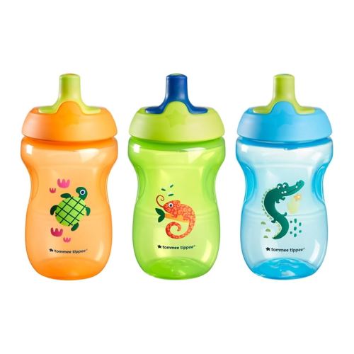 Tommee Tippee Sportee Water Bottle, for 12m+, 10oz, Pack of 3 Non-Spill Sippy Cups for Toddlers, Orange, Green and Blue, with Bite-Resistant Spout, Easy-Hold and BPA Free