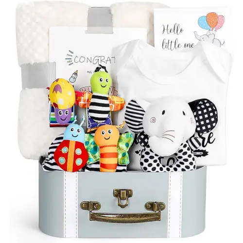 Baby Gift Set, Baby Shower Gifts, Black and White High Contrast Baby Toys 0-6 Months for Newborn Essentials Infant Rattle Socks Elephant Toys Blanket Onesies Baby Gift Basket for Girls Boys